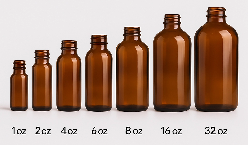 Redex Glass amber bottles from 1oz to 32oz lined up by size on white background.