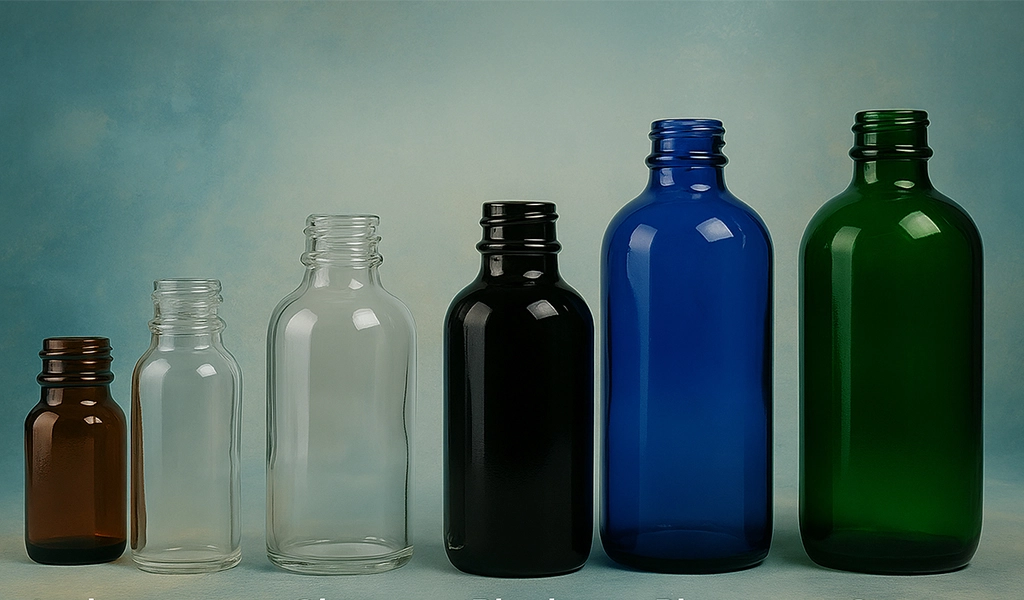 Set of five dropper dispensing bottles in amber, clear, black, blue, and green glass on a dark teal background.